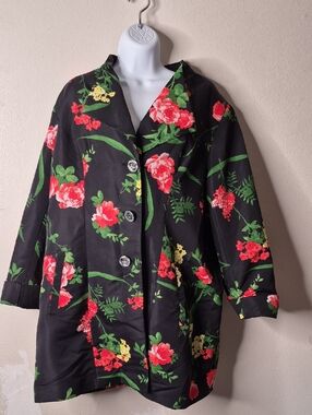 Dennis Basso Vintage  Black Floral Button-Front Trench Coat